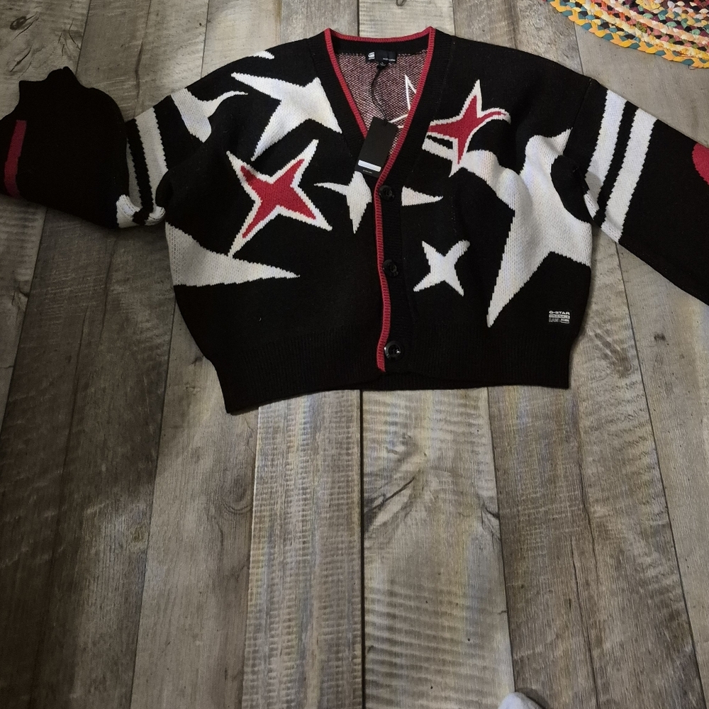 G-Star Knit Cardigan Sweater Loose Fit  Festive Wool Blend Graphic Star L NWT - Picture 9 of 10
